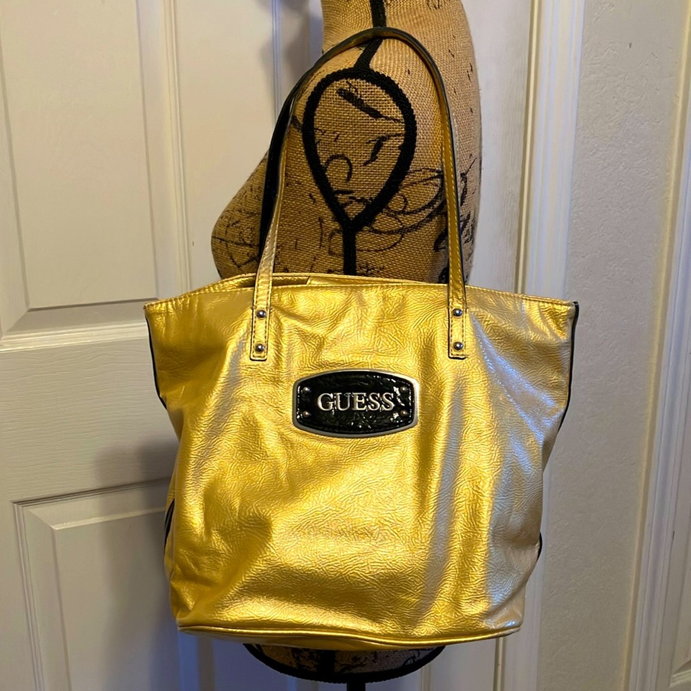 Guess metallic gold shiny purse patent black trim logo hand shoulder bag Fall